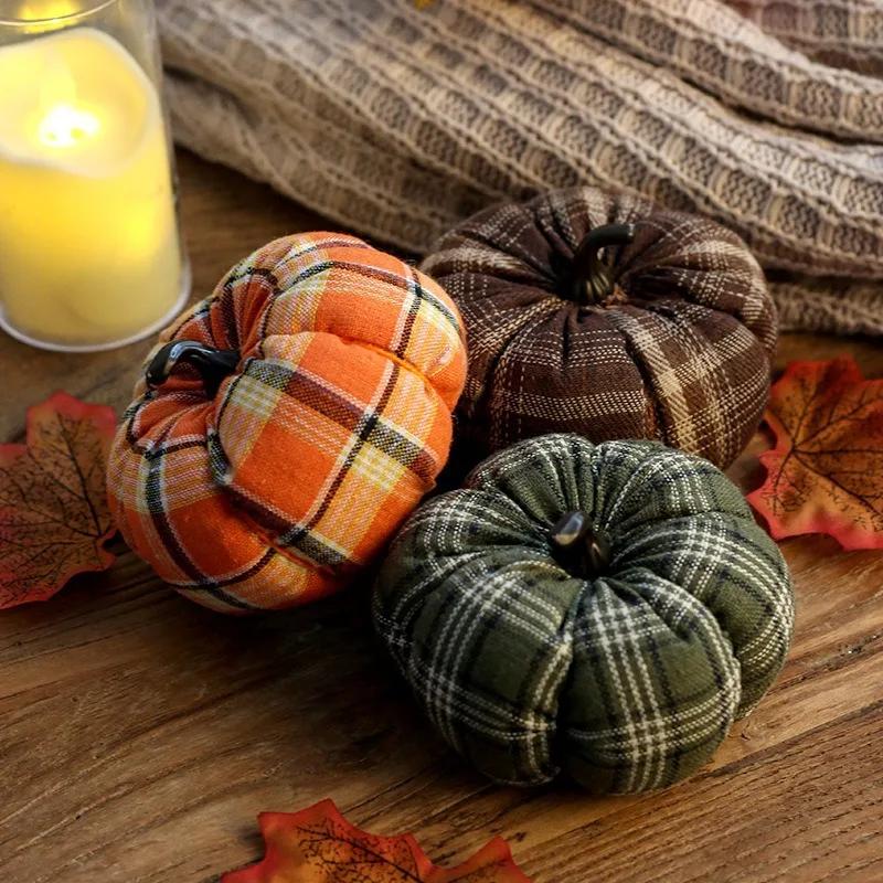 Vintage Plaid Fabric Pumpkin Ornament Halloween Thanksgiving Harvest Home Decor Autumn Tabletop Centerpiece Farmhouse Decoration