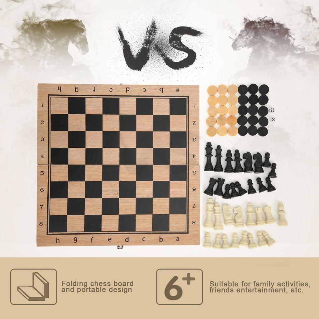 3‑In‑1 Wooden Chess Checkers Folding Portable Interactive Chess Board Toy