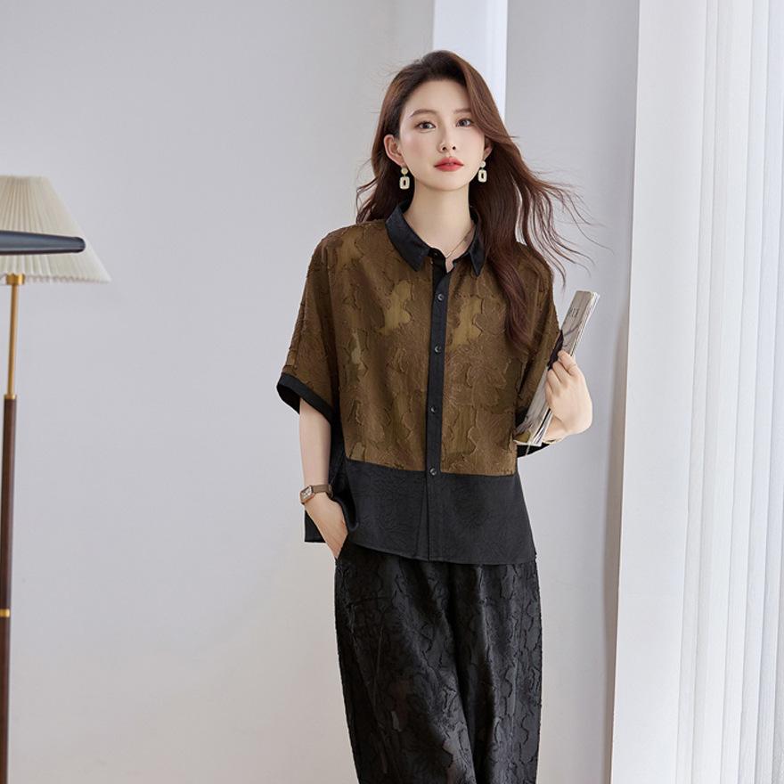 Light luxury, wide and too temperament set, women's  clothing color matching short-sleeved top, radish wide-leg pants two-piece set