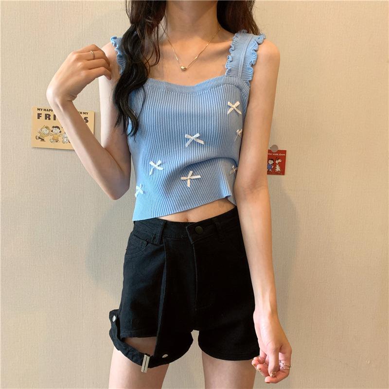 Summer New Women's Wear Korean Version of Wooden Ear Edge Bow Knit Elastic Vest with Halter Top