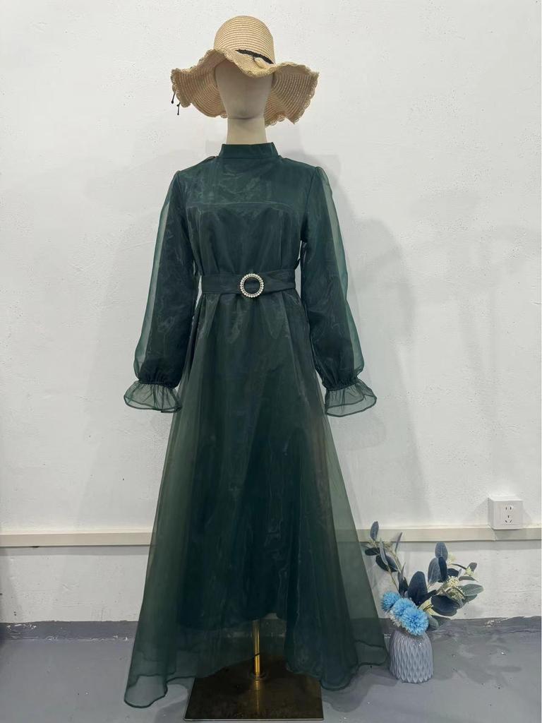 2024 Elegantes Damenkleid mit hohem Halsausschnitt, Netzstoff, schlankmachend, Laternenärmel