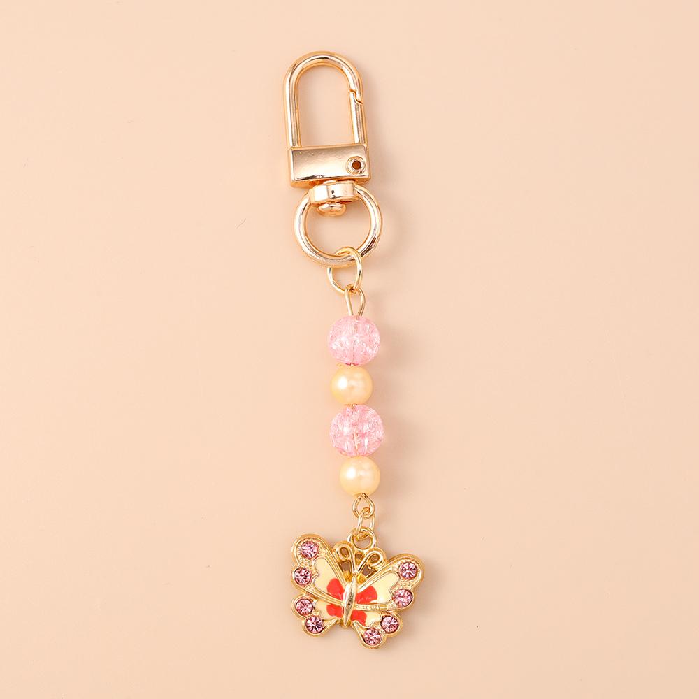 Cute Enamel Flower Butterfly Keychain Women Girls Beads Pearl Key Ring Pendants for Handbag Decor DIY Handmade Jewelry Gifts