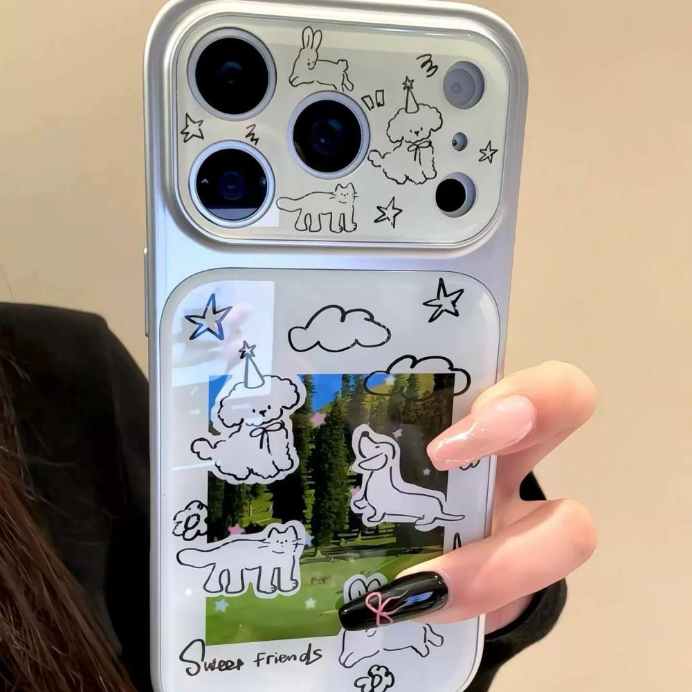 Cute Cartoon Doodle Grass Line Animals Case for iPhone 17 Pro Max 16 Pro New Korean Style Anti Drop Phone Cover