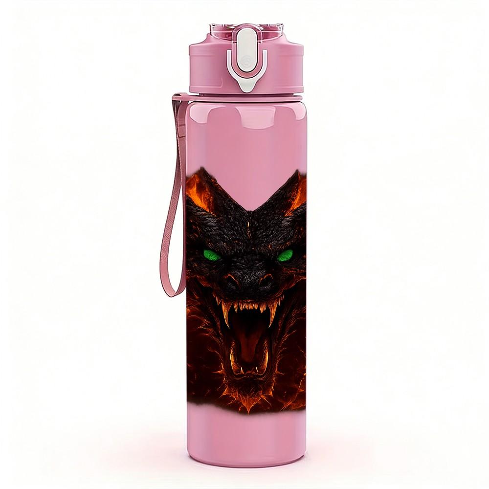 1PC Fiery Red Demon Beast Fantasy Head Print 750ml Color Plastic Sports Water Bottle Leakproof Flip Straw Lid Suitable for Sports Office Home Use