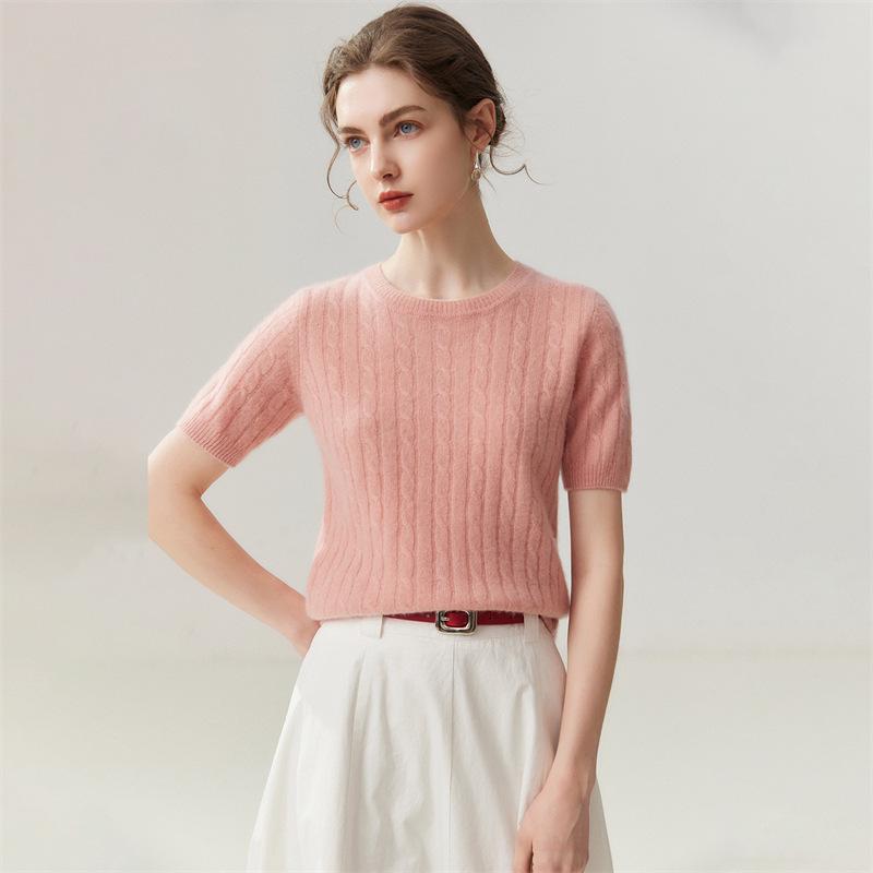 Lekasha 100% Pure Cashmere Short-Sleeve Round-Neck Pullover.
