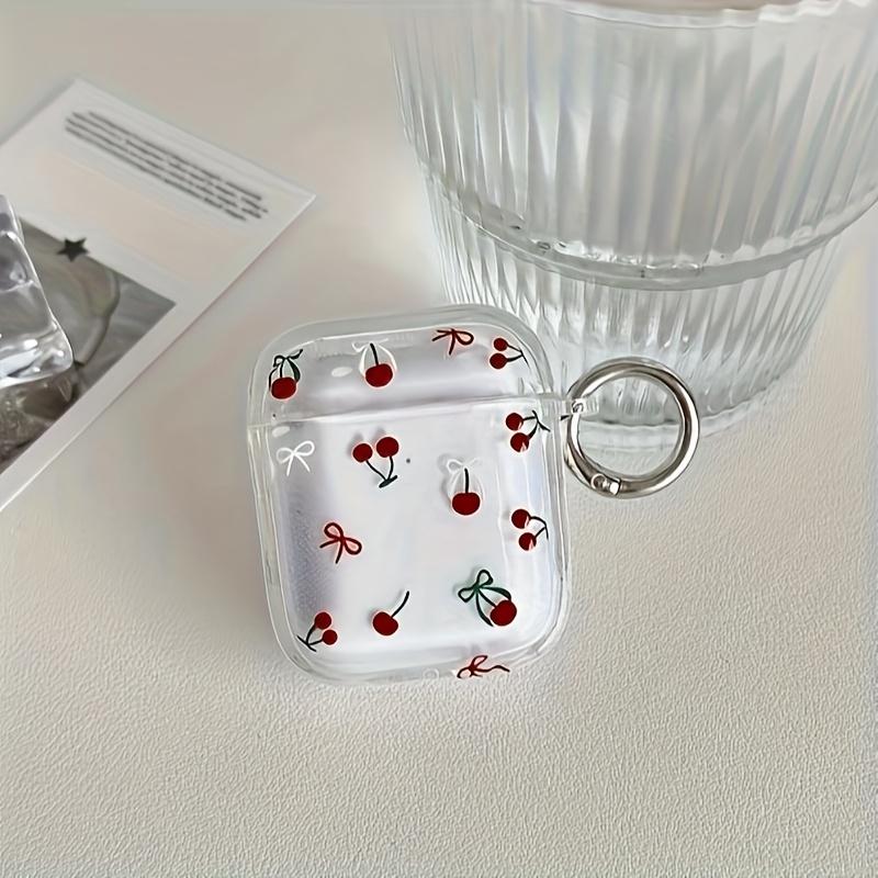 Cute Cherry Bow Pattern Suitable for Airpods 3 2 1 Pro 2 4 Pro3 Transparent Headphone Protective Case with Silver Ring Buckle