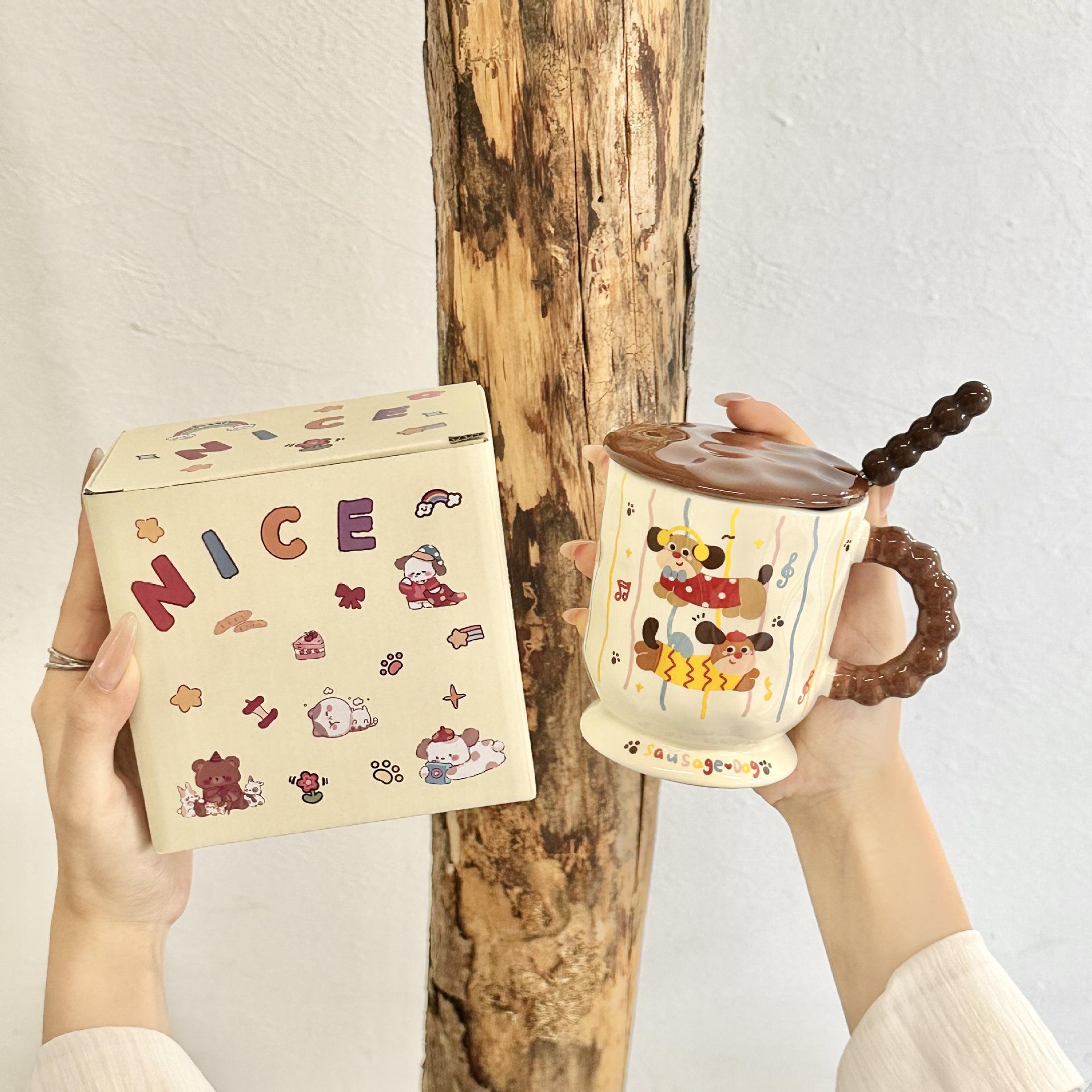 

Dachshund mug ceramic souvenir with lid large capacity cup girls high value cute coffee cup 301-400ml