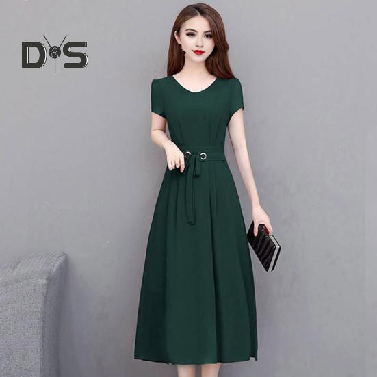 Summer Lady Dress Round Neck A-line Short Sleeves Slim Waist Plus Size Pure Color Slim Fit Mid-calf Length OL Commute Midi Dress