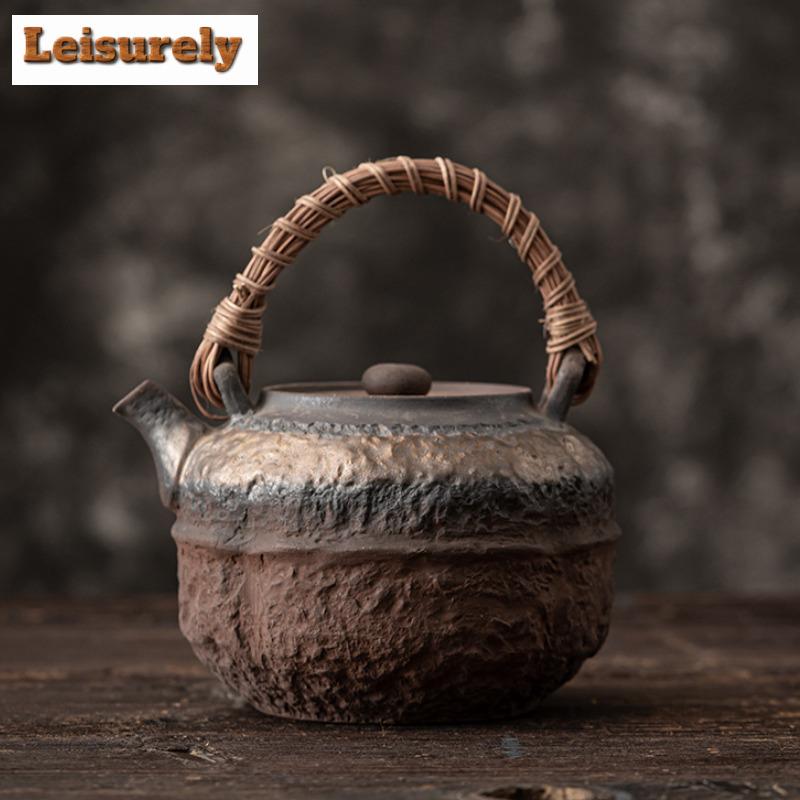 Japanese Style Gilded Iron Glazed Rattan Hoop Handle Teapot Household Boiling Water Kettle Tea Brewing Pot For Electric Stove