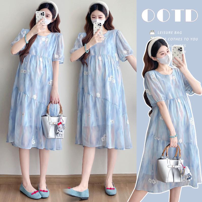 Elegant Floral Embroidery Short Sleeve Maternity Dress - 2026 Summer Collection Extra Large