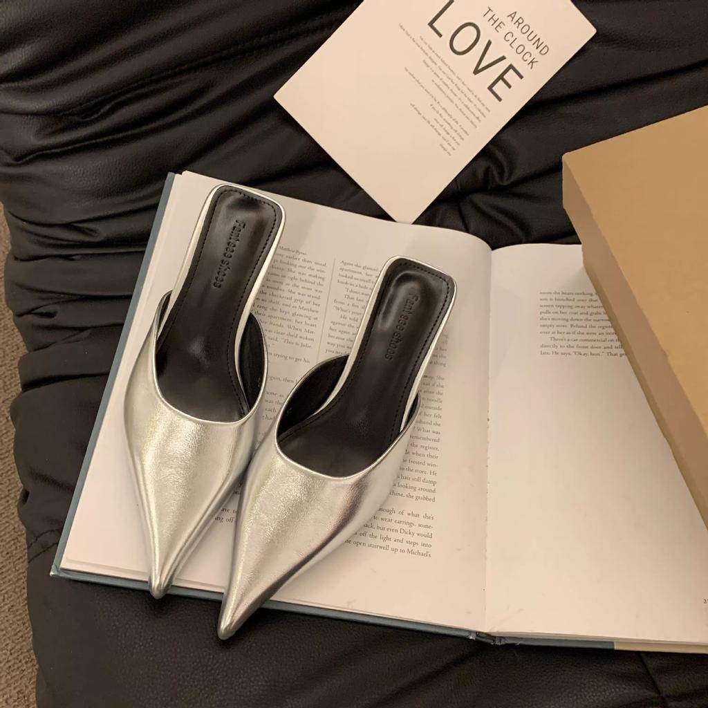 Muller Slippers Low Heel Pointed Head Back Empty Half Drag 2025 Spring and Summer New Casual Bag Head Cat Heel Special-shaped and Sandals Girl