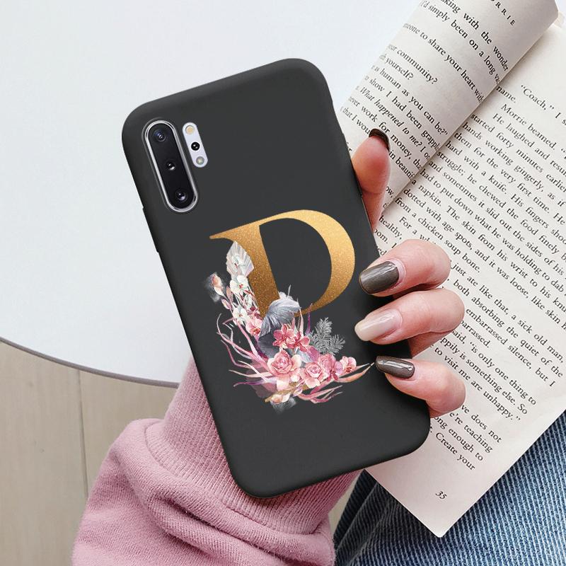For Samsung Galaxy Note 10 Note10 Plus Case Flower Gold Letter A Z Shockproof Soft Silicone Phone Cover For Samsung Note 10+ Bag