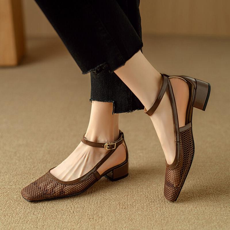 Fashion NEW Summer Women Sandals Square Toe Chunky Heel Shoes for Women Cover Toe Black Mesh Shoes Ankle Strap Cover Heel Modern Sandals