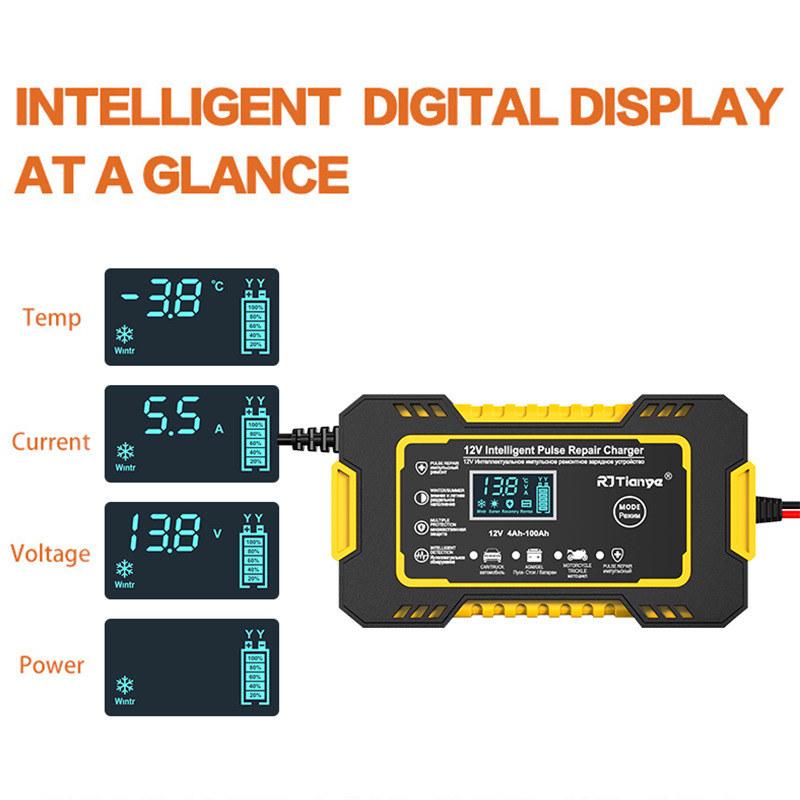 12V 6A Battery Charger for Car Motorcycle Full Automatic Multi-Function Pulse Repair Touch Switch Screen and LCD Display for Wet Dry Lead Acid GZW