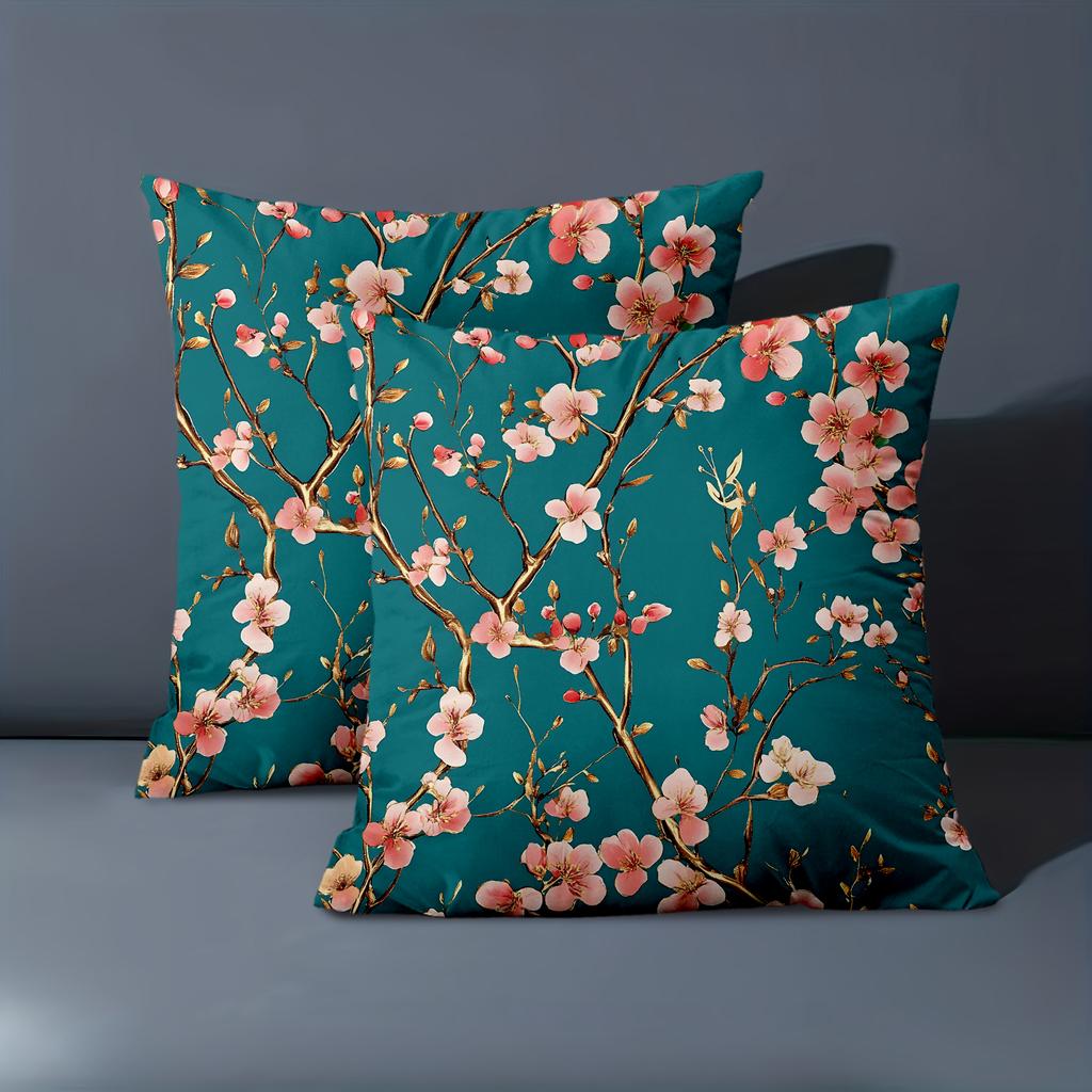 1 Pieces Teal Cushion Covers With Pink Flower Branch Pattern Polyester pillowcase, sofa decorative cushion cov Headboard Pillow