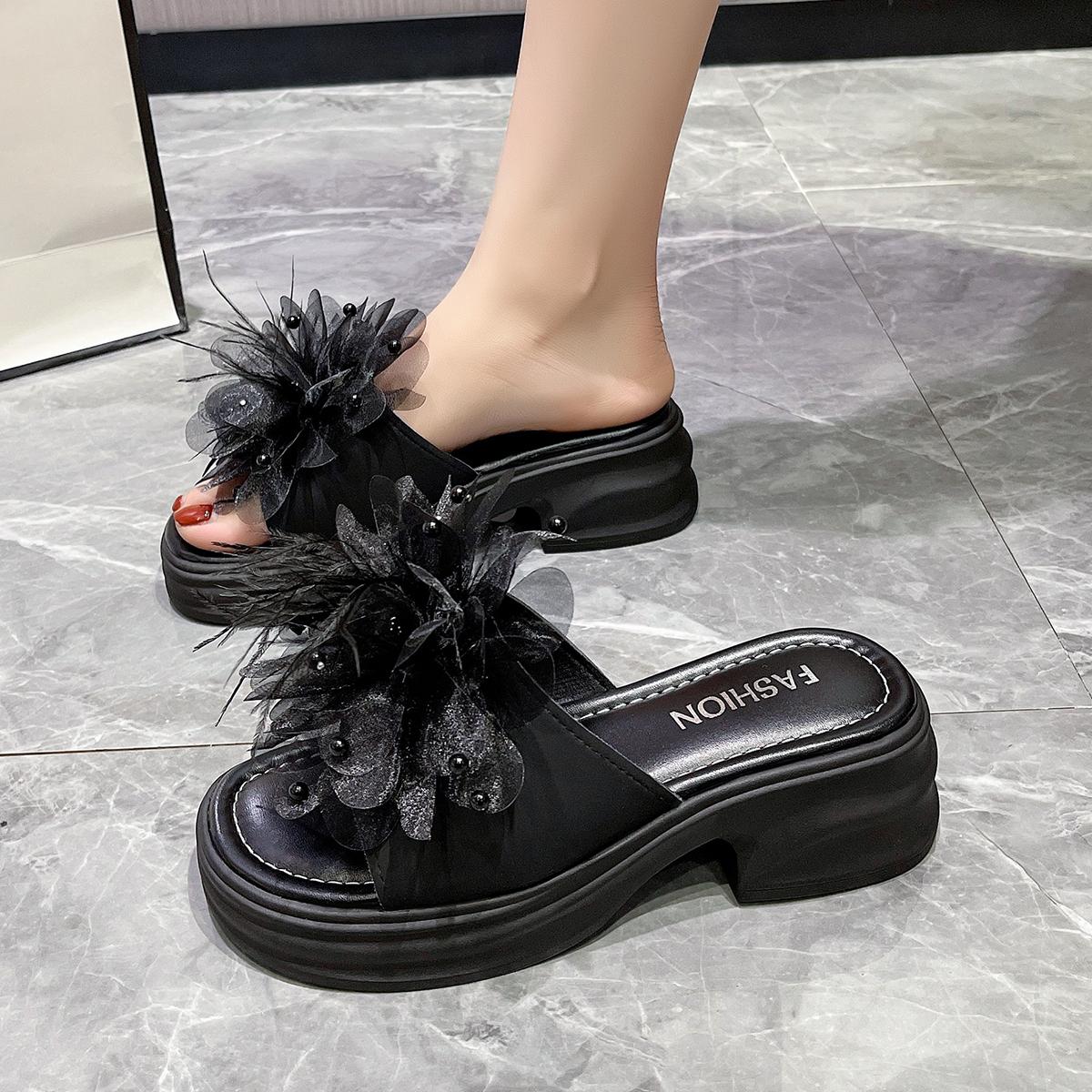 

Босоножки на квадратном каблуке с большим цветком Женские уличные шлепанцы Милые ПВХ шлепанцы Обувь Zapatos Mujer 2025 35 чёрный