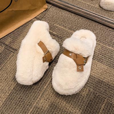 Thick-bottomed Fluffy Slippers for Women To Wear 2024 New Bag Head, Velvet To Keep Warm, Cute Wind Belt Buckle, Home Cotton Slippers