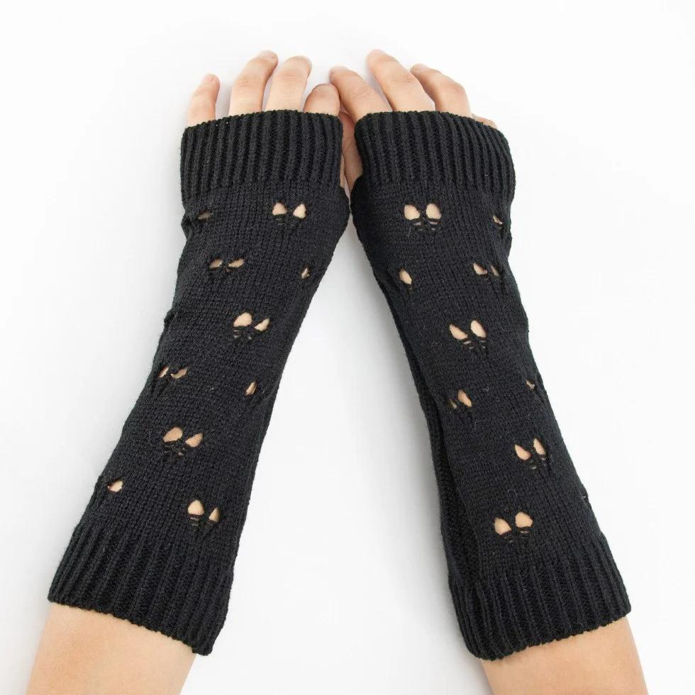 Women Long Fingerless Gloves Cute Fashion Casual Arm Crochet Warmer Knitting Hollow Mitten Black Soft Gloves Lolita Accessories