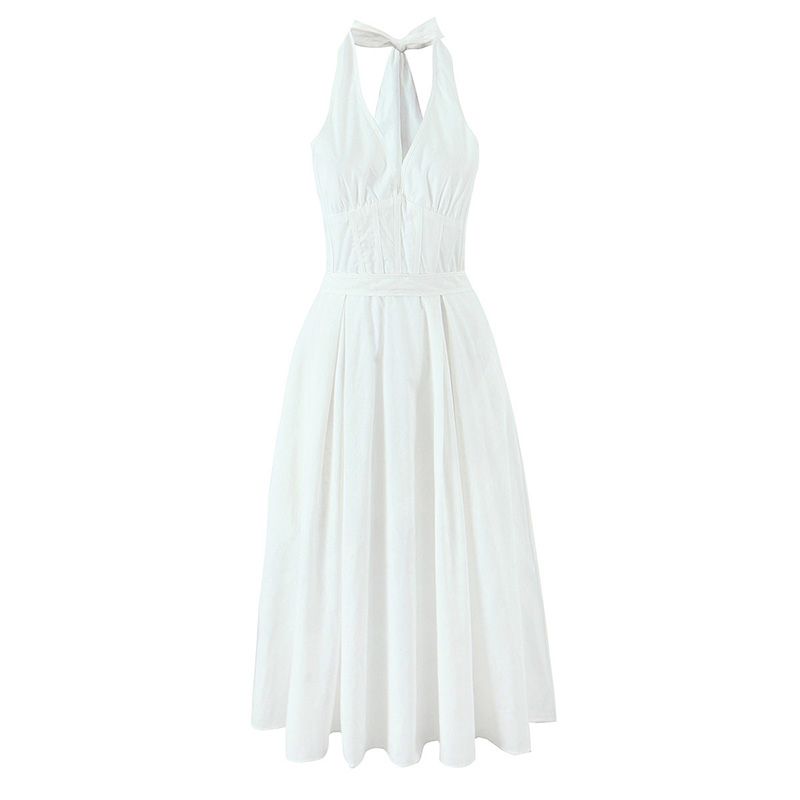 

Mercury Crescent House Same Style French style White Deep V-neck Bow Strap Halterneck Skirt Waist Hugging Slimming Dress Mercury New Moon L