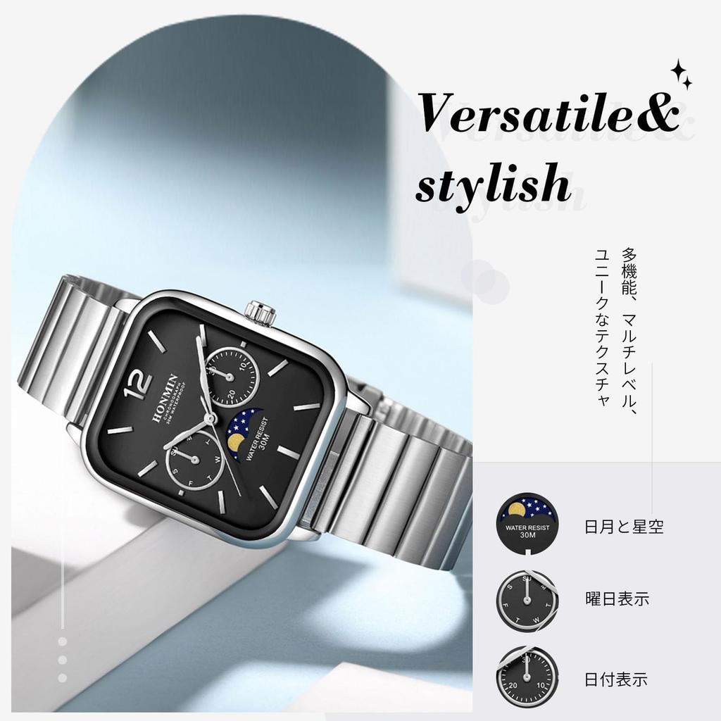 Relógio Analógico Quadrado Masculino RORIOS com Display de Sol, Lua e Estrelas, Display de Data e Dia, À Prova d'Água, Relógio Multifuncional com Pulseira de Aço Inoxidável,