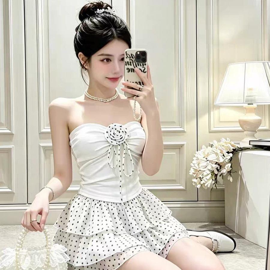 #Summer New Sweet and Spicy Storm Point Splicing Rose Tube Top Women's Fixed with Chest Pad Versatile Top