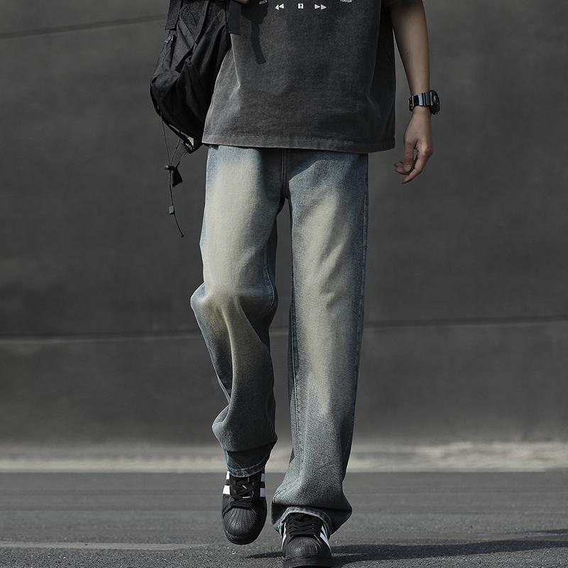 Hongkong-Stil Distressed High Street Straight Jeans Herren Locker Lässig Koreanischer Stil Trendig Lässig Weitbeinige Hose