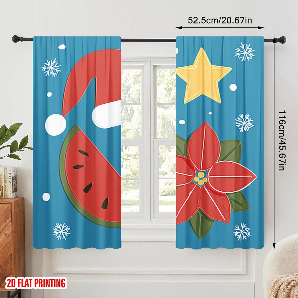 2pcs,2D Plane Printing Pattern Curtains Santa On Beach Chair with Fashion Glasses & Watermelon Durable 100% Polyester Fabric