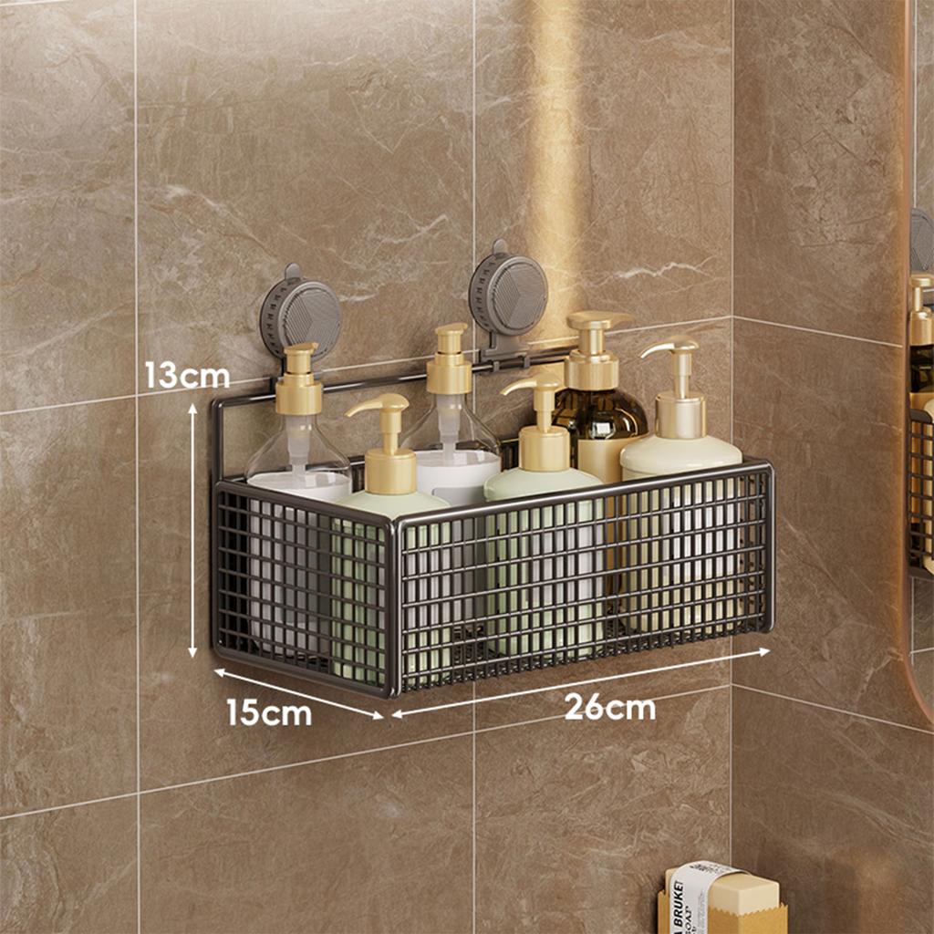 Long Permanent Metal Suction Shelf For Bathroom Counter Featuring Roomy Basket Simple Arrange 15cm Deep