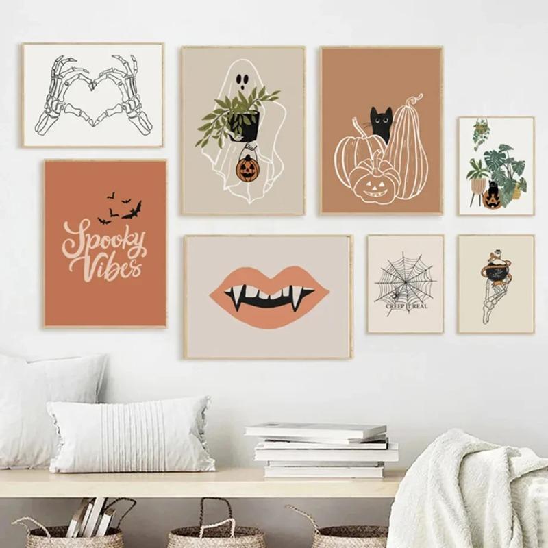 Funny Ghost Tooth Skull Ghost Wall Art Canvas Painting Autumn Halloween Pumpkin Decoration Posters Living Room Aesthetic Decor