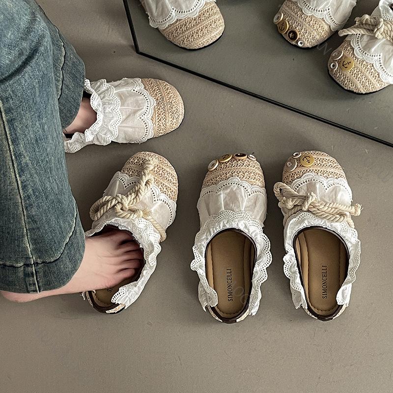 Fashion Women Casual Flats 2025 Summer New Lace Weave Breathable Straw Slippers Outdoor Fashion Bow-knot Comfortable Mules Half Slipper