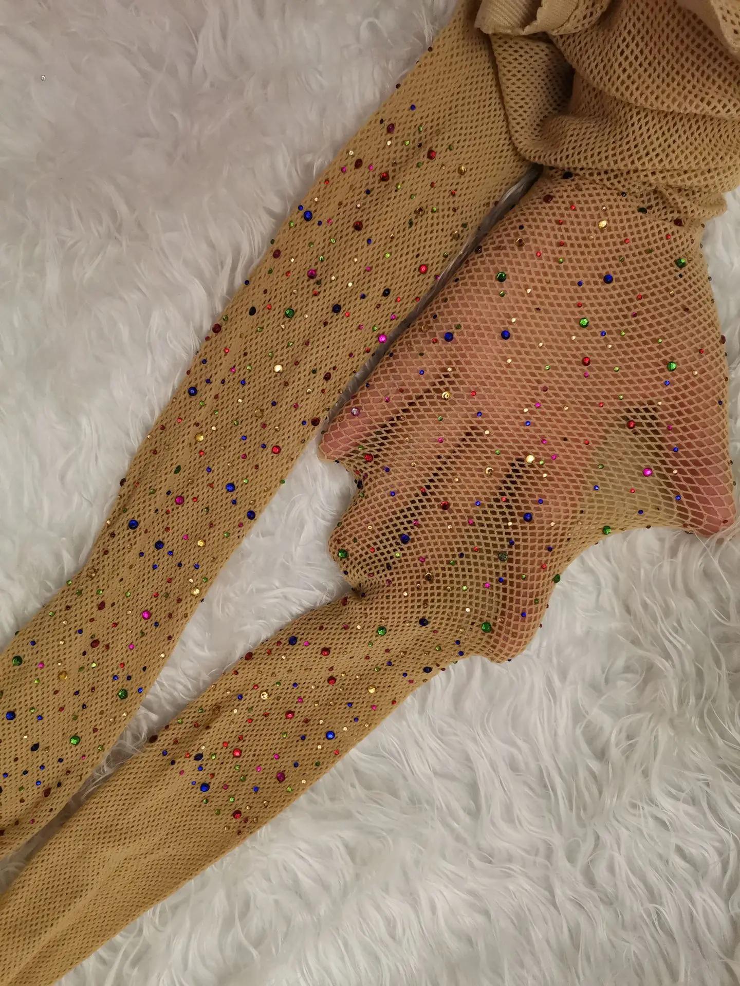 Bling Diamant Fischernetz Strumpfhose Sommer Damen Sexy Durchsichtig Glänzend Netz Strumpfhosen Damen Schlank Weiß Strass Netz Dünne Nylon Strümpfe brown