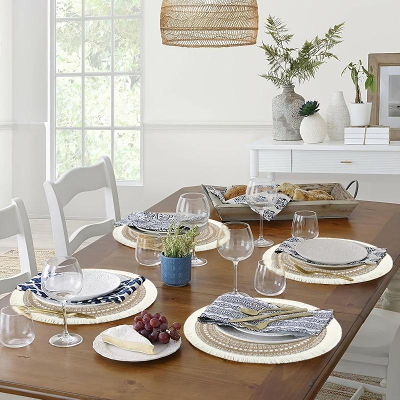 6-10pcs Bohemian Round Tassel Placemats Woven Linen Round Heat-insulating Flower Pattern Table Mats Dining Tables Decorative Mat