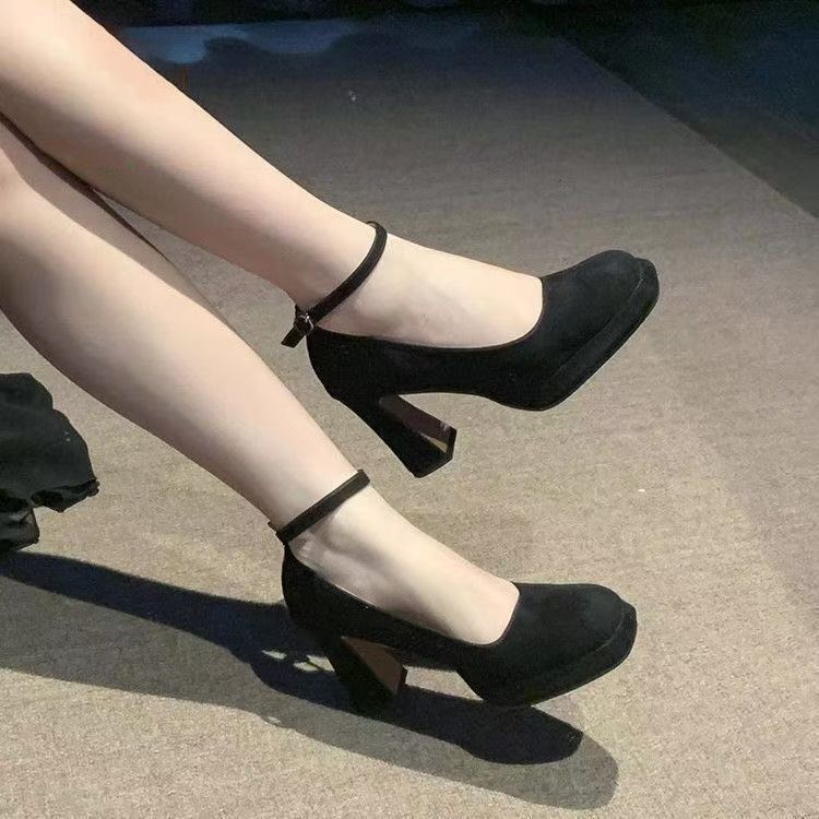 One-word buckle belt thick heel not tired foot waterproof table shallow mouth single shoes 2025 new niche square head Mary Jane high heels