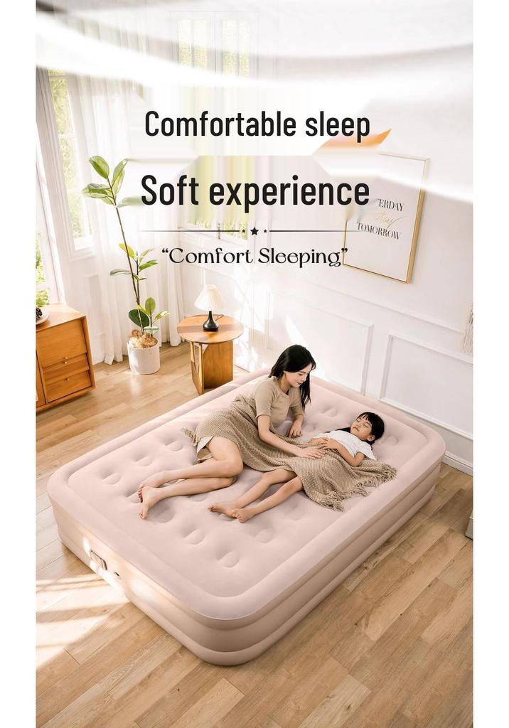 Beige Double Inflatable Camping Mattress: Portable, Thickened, and Foldable for Outdoor or Lunch Break Use.