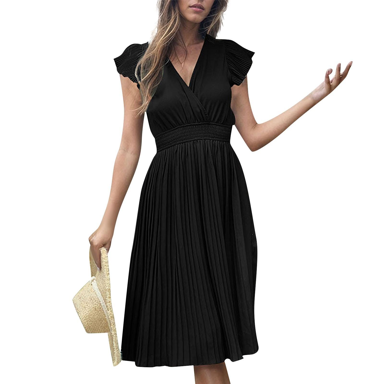 

Женское повседневное свободное и модное плиссированное платье с V-образным вырезом и короткими рукавами, однотонное платье L чёрный