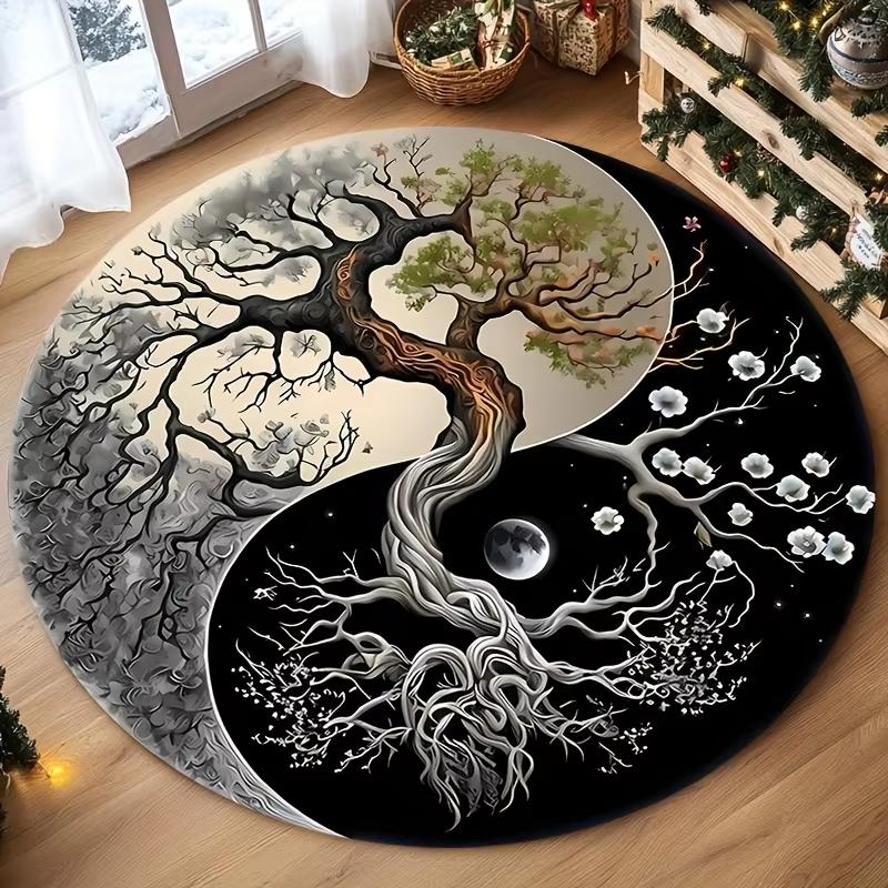Vikama Flannel Yin-Yang Life Tree Pattern Round Floor Mat, Suitable For Home Decoration In Living Rooms, Bedrooms And Bathrooms.
