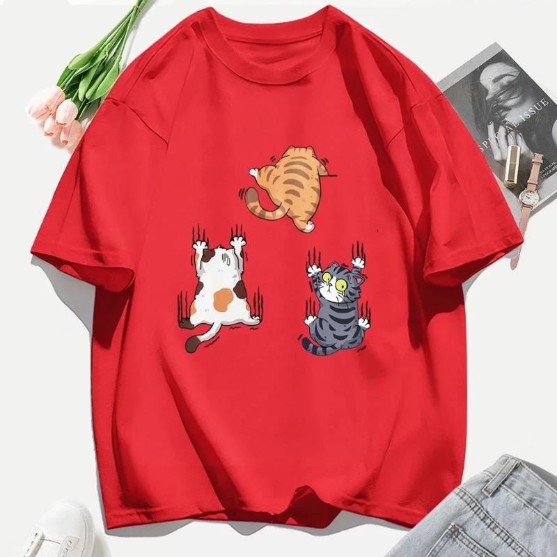 Women T Shirts Casual Woman Clothes Crewneck Tee Tops Three Cats Climbing Upwards and Escaping Print T-Shirt