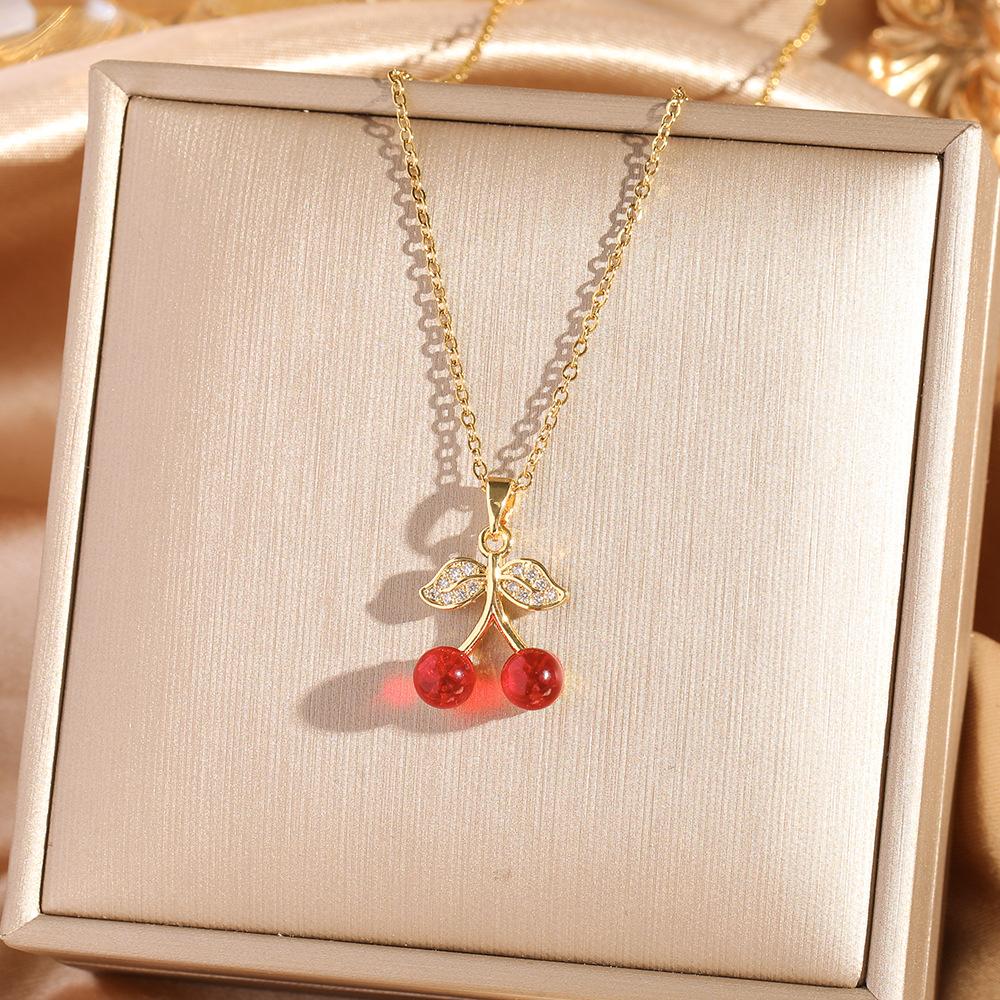 Fashion Zircon Cherry Pendant Titanium Steel Necklace Women's Collarbone Chain Jewelry