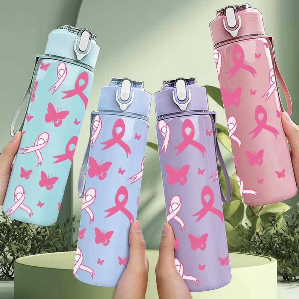 1 PZ Nastro Rosa Simbolo di Consapevolezza Texture 750ml Colore Plastica Borraccia Tappo a Vite Anti-perdita Con Cannuccia Pieghevole Per Sport Ufficio Uso Domestico