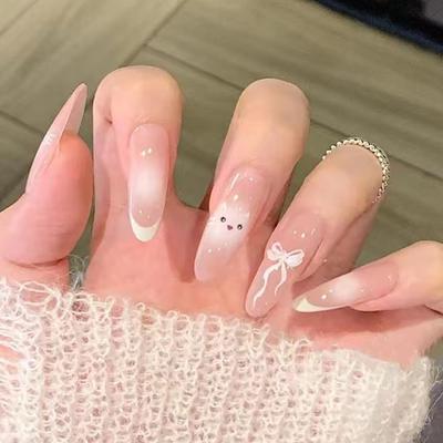 24 Pieces French Medium and Long Cross-niche Cute Cat White Temperament Almond Nail 24 Pieces Wearable Nails