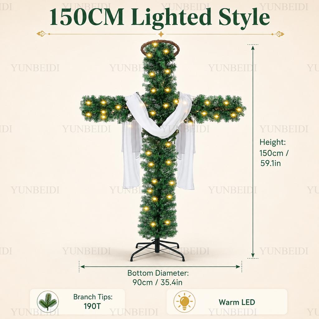 150/180cm Kreuzförmiger Weihnachtsbaum Vorbeleuchtet mit Warmen LED-Lichtern Künstlicher PVC-Weihnachtsbaum Religiöser Feiertag Haus Außen Dekoration