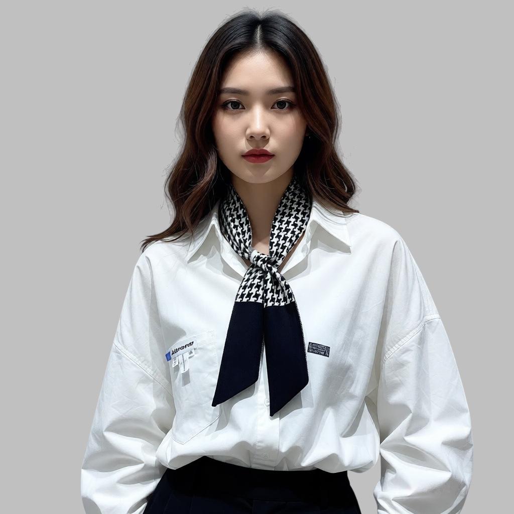 Korean Retro Houndstooth Silk Scarf: Women's Flowy Long Strip, College Style Hair & Bag Accessory