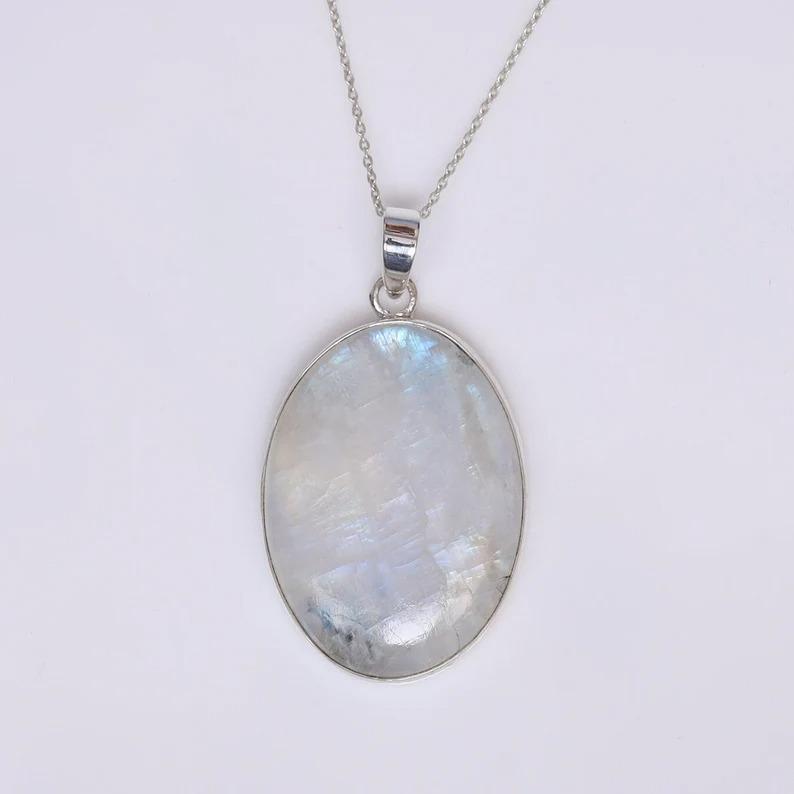 Regenbogen Mondstein Oval Edelstein Anhänger Halskette, Massives 925 Sterling Silber, handgefertigter Schmuck, Statement Schmuck, Designer Schmuck