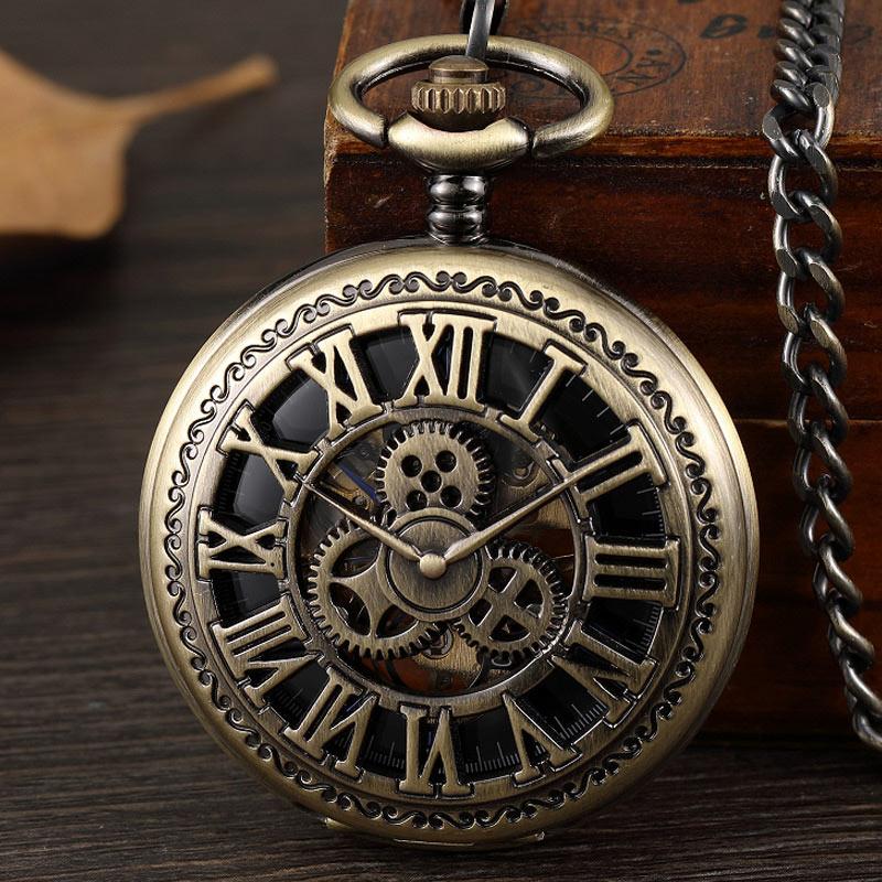 Steampunk Gear Hand Wind Mechanical Pocket Watch Vintage Black Skeleton Hollow Hand Fob Chain Watch Men With Roman Numbers