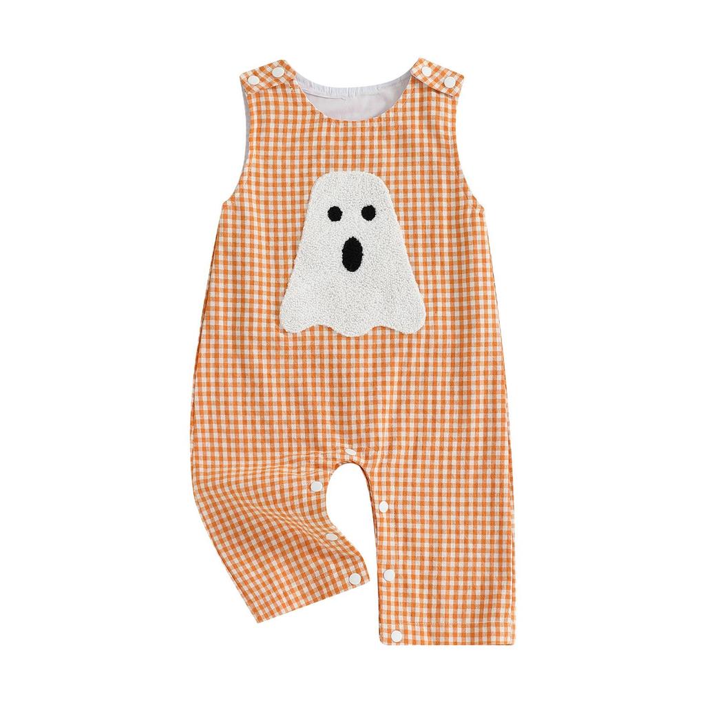 Infant Summer Halloween Ghost/Pumpkin Embroidered Sleeveless Romper