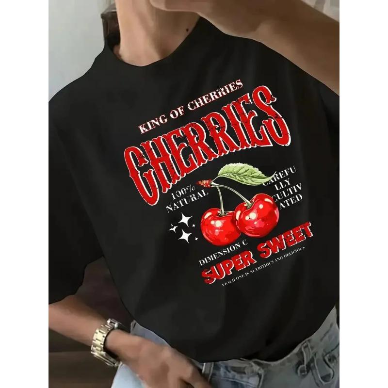 Summer Round Neck 3D Cherry Print Top Fashionable Casual Short Sleeved Women's T-shirts