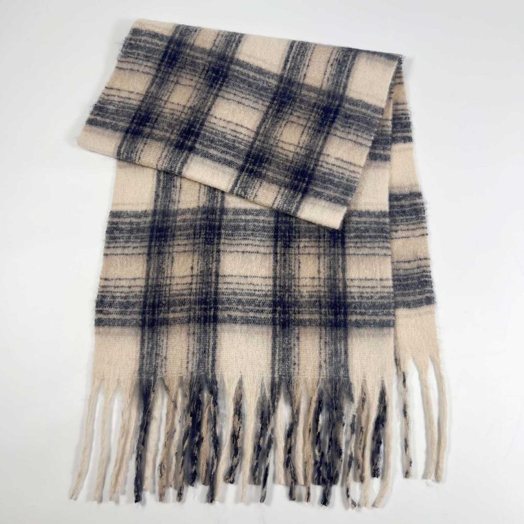 Winter Mohair Plaid Fringed Scarf Women's Thickened Warm High-end Scarf Simple Versatile Fashion Scarf