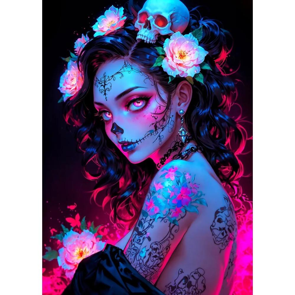 Terrifying Los Muertos Sugarskull Girl with Flowers Posters Day of the Dead Prints Canvas Printing Wall Pictures Home Room Decor