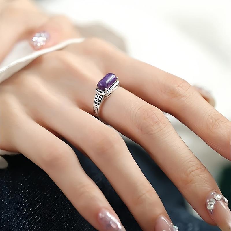 925 Sterling Silver Jewelry Vintage Purple Jade Open Finger Rings for Women Wedding Party Jewelry For Girls Friend Gift