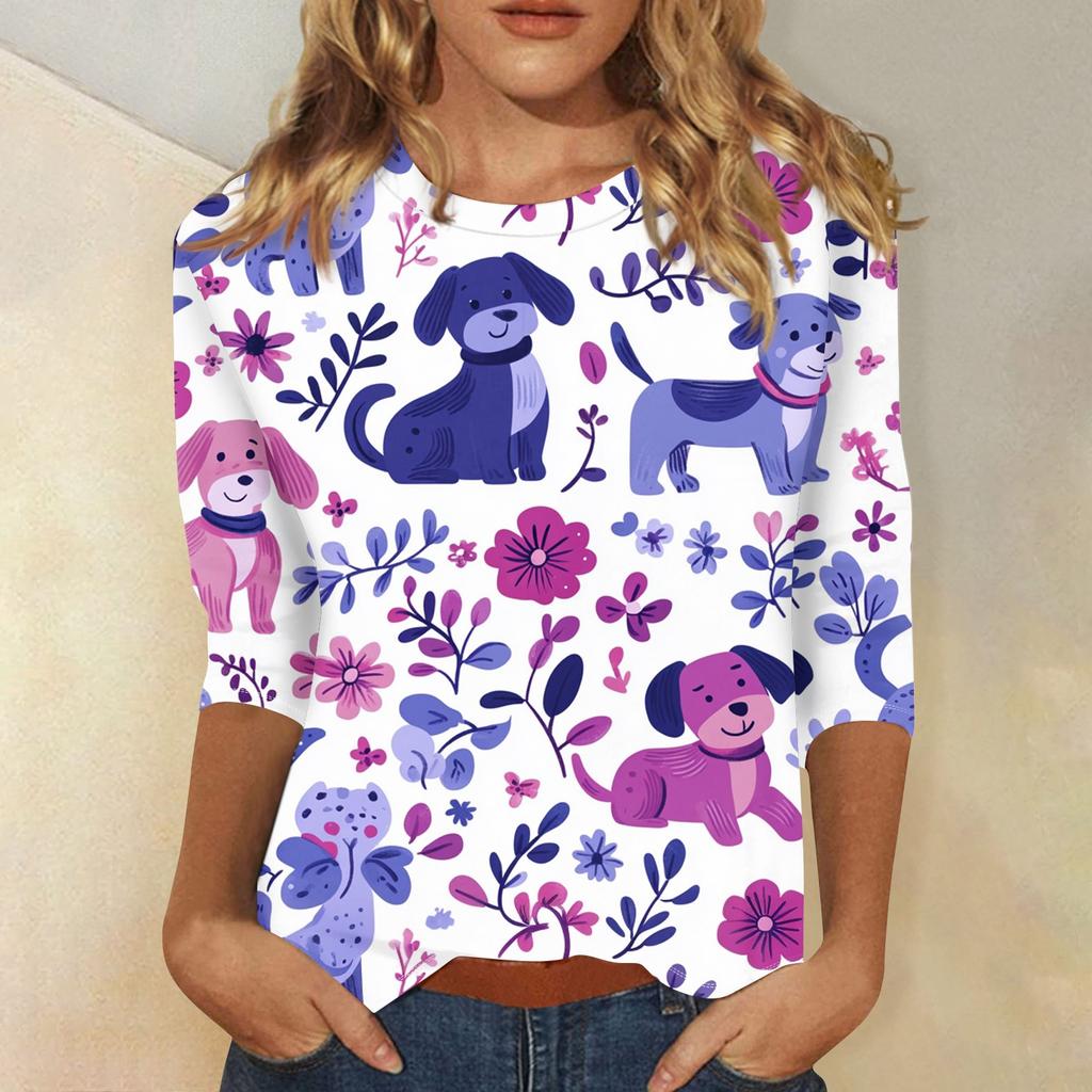 Dámská móda volný ležérní top s kulatým výstřihem se sedmi rukávy